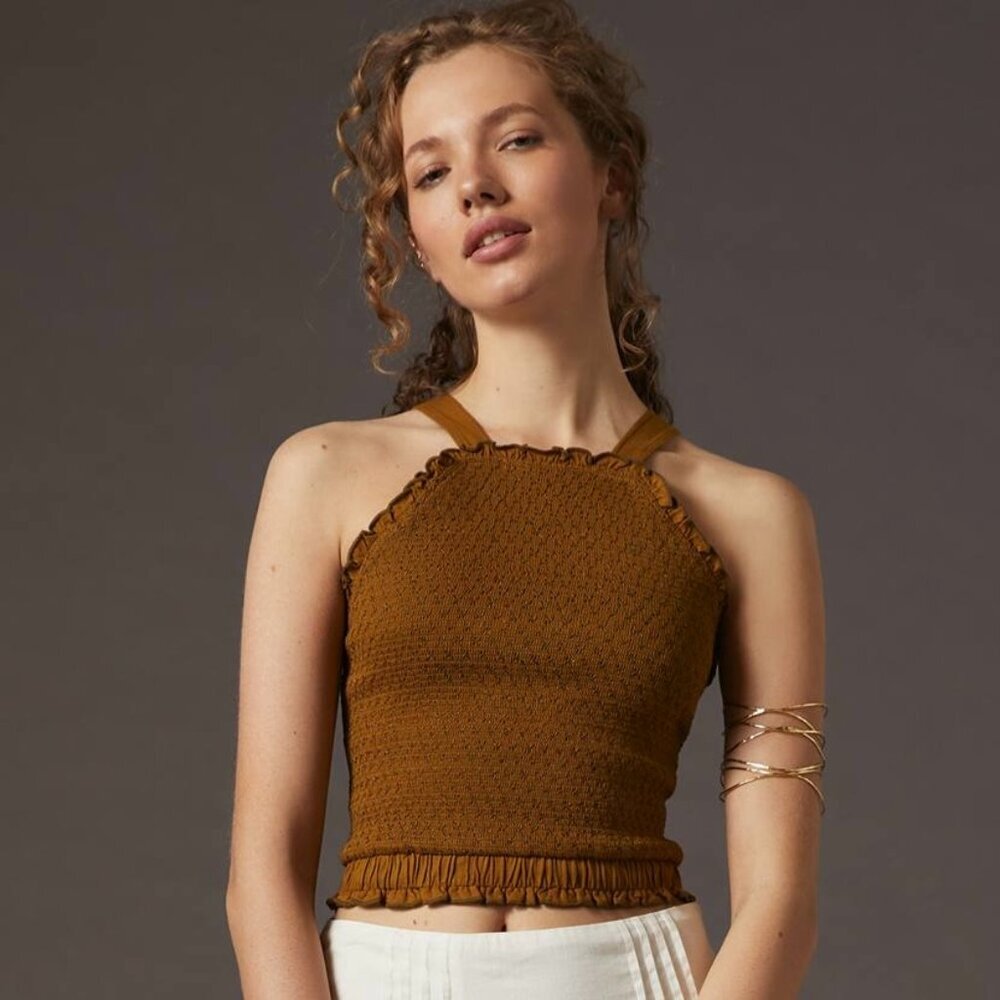 Anthropologie Mustard Yellow Textured Smocked Halter Top Women's Size XS Boho